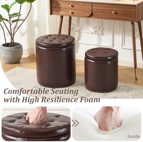 Royal Windsor Round Ottoman with Storage Set of 2, Faux Leather Button Tufted Vanity Stool, Storage Ottoman Coffee Table, Small Leather Foot Rest Stool for Living Room, Bedroom, Coffee - Image 5