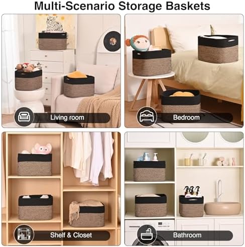ICERZCZ Storage Baskets for Organizing Shelves, Toy Basket for Kid's Room, Woven Cotton Rope Basket for Decor, Organizing Baskets for Bedroom Living Room, 15"x11"x9.5", 3 Packs, Black & Jute - Image 5