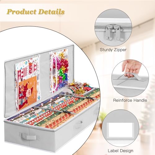 Criusia Gift Wrapping Paper Organizer Storage, Durable Underbed Storage Container Fits 24 Rolls, with Removable Dividers and Pockets for Ribbon, Ornaments, Holiday Accessories, Grey - Image 4