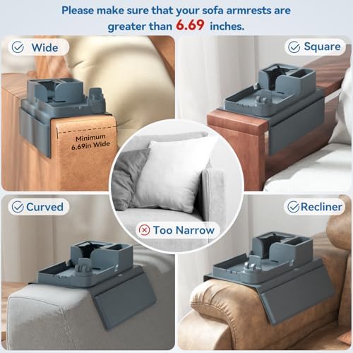 Couch Arm Tray Silicone Couch Arm Cup Holder Wide Sofa Armrest Tray with Dual Side Pockets, 360° Swivel Phone Holder & Glass Slot, Anti-Slip Couch Drink Holder Caddy for Remote Tablet Magazine Blue - Image 2