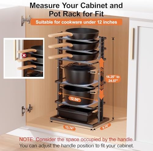 LAMU Pots and Pans Organizer for under Cabinet, 6-Tier Heavy Duty Pan Pot Organizers inside Cabinet Adjustable 14 to 24.57", Pot Rack Kitchen Cabinet Organization and Storage Holds up to 12" Cookware - Image 2