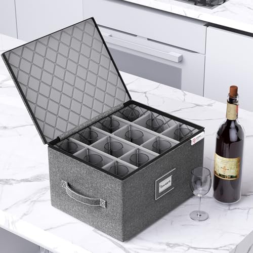 YearningHome Wine Glass Storage Box with Dividers,Hard Shell and Stackable Stemware Storage Containers with Sturdy Handle for Glassware Crystal Storage and Transport,Grey,Holds 12 - Image 5