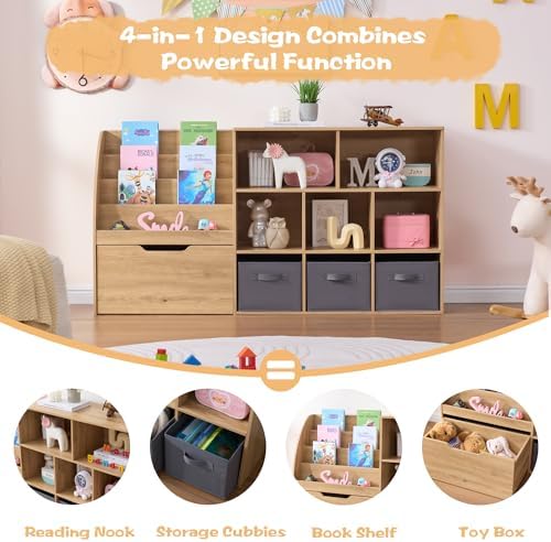 Fatmok Kids Bookshelf and Toy Storage, Toy Storage Organizers with Movable Drawers & 3 Storage Bins, Kids Reading Nook Toy Organizers Shelf with 5 Cubbies, Natral Wood - Image 5