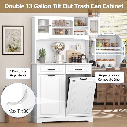 Double 13 Gallon Tilt Out Trash Can Cabinet with Deodorizing Function and Power Outlet, 71" Tall Wooden Garbage Can Holder Cabinet with 2 Storage Hutch & 2 Drawers for Kitchen and Dining Room, White - Image 4