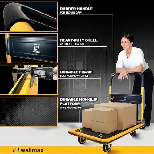 Wellmax Push Cart Dolly, Foldable Moving Platform Flat Cart, 660 lb, Yellow - Image 4