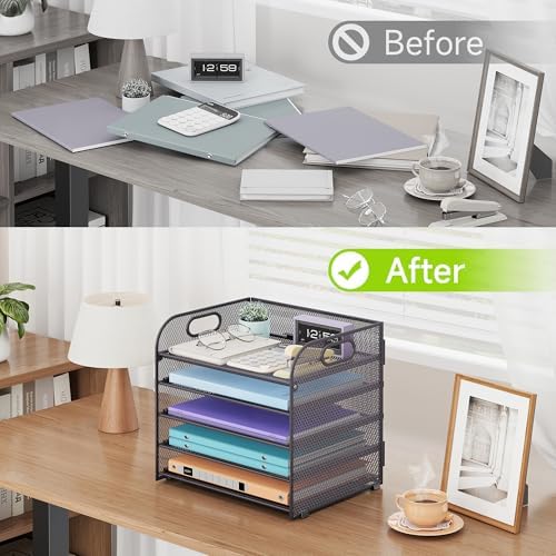 Cawukege 5 Tier Paper Organizer with Handle, Grey Metal Mesh Desk Organizer File Folder Paper Letter Tray Desktop Document Sorter for Classroom, School, Office Accessories Organization and Storage - Image 6