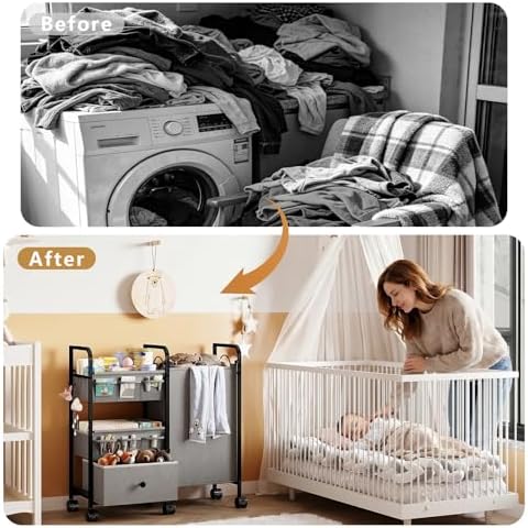 Cidaziya 2In1 Baby Diaper Caddy Organizer with Laundry Hamper, 3 Tier Rolling Cart with Dividers and Drawers, Upgrade Diaper Cart Utility Cart Clothes Organizer for Baby Essentials, New Mom, Nursery - Image 4
