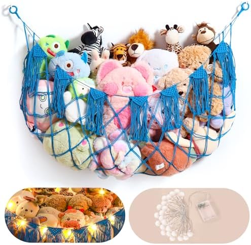 Boho Stuffed Animal Hammock, Corner or Falt Wall Hanging, Blue, L by MORCCO