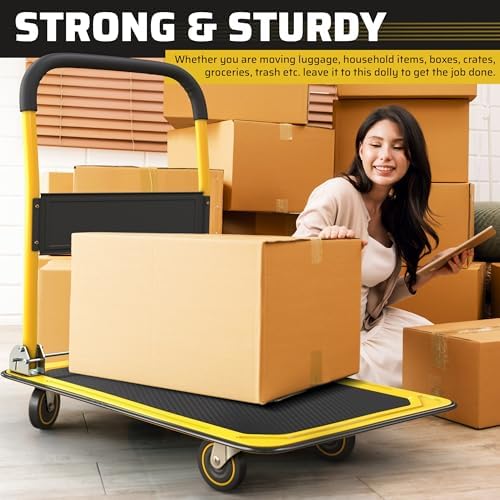 Heavy Duty Foldable Push Cart Dolly | 660 lbs. Capacity | Upgraded Collapsible Hand Truck Folding Platform with Swivel Wheels | Flat Bed Moving Wagon | Space Saving Push Handle (Yellow) - Image 5