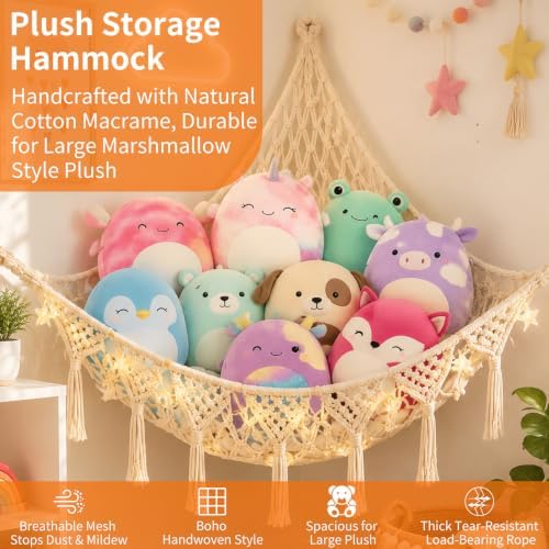 Corner Stuffed Animal Hammock, Large Handwoven Cotton Plush Toy Storage Net Compatible with Squishmallow Plush, Boho Hanging Wall Organizer Decor for Girls Bedroom, Cream White - Image 4
