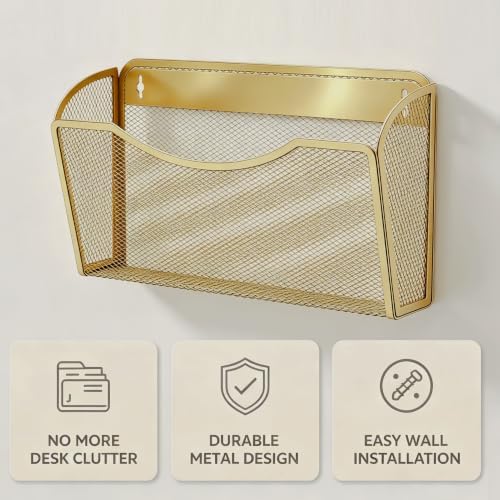Gawerk Mesh Hanging Wall File Holders, Metal Vertical Wall Basket Mail Organizer for Office/Home (Gold, 6 Pack Wall Mounted) - Image 3