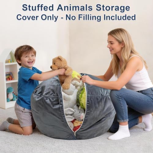 Lukeight Stuffed Animal Storage Bean Bag Chair Cover for Teens, Velvet Plush Toy Organizer Seat, Cover Only, No Filling Included, Long YKK Zipper, Side Pocket, XX-Large 36"D x 20"H - Image 4