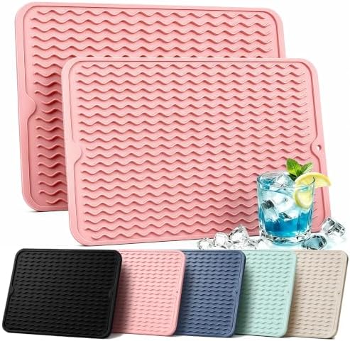 2 Pack Silicone Dish Drying Mat for Kitchen Counter Shower Caddy Rack Waterproof Trivets Under Sink Placemats Meal Prep Essentials for Women Espresso Machine Station Appliances 15"x11.5" Pink by AOTASO