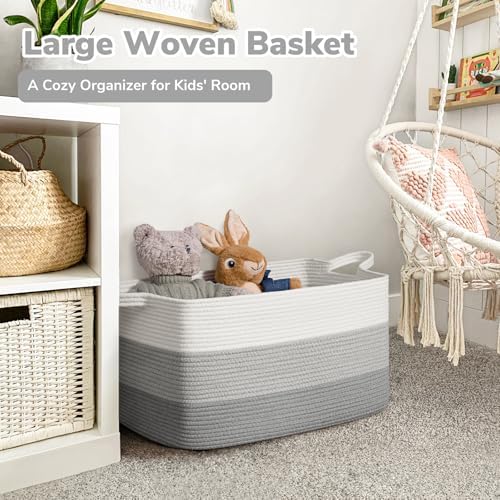 Goodpick Large Woven Rope Blanket Basket, Rectangle, Light Gray - Image 2