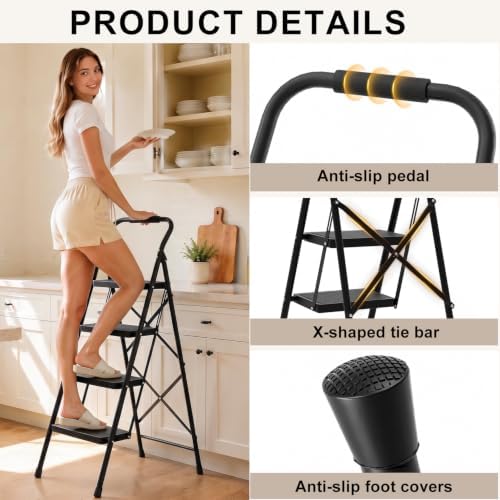 4 Step Ladder Folding 330lbs Anti Slip，Foldable Ergonomic with Wide Pedal for Home, Kitchen, Offic Matte Black - Image 3