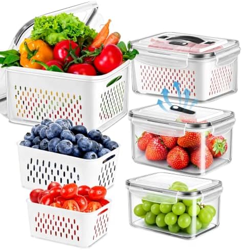 4 Pack Fridge Fruit Storage Containers with Colander, Vent and Handle by ODOMU