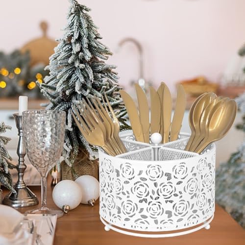 DysanVica Rotating Metal Silverware Caddy - Utensil Holder Countertop White - Image 5