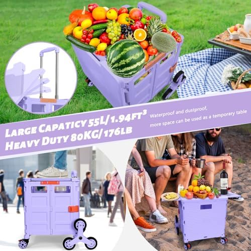 Foldable Utility Cart Collapsible Portable Crate Rolling Carts with Stair Climbing Wheels Tote Basket with Magnetic Lid Telescopic Cover Wear-Resistant 360°Rotate Wheel Noiseless for Shopping Office - Image 7