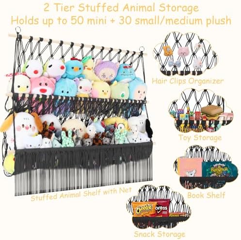 2 Tier Stuffed Animal Storage Shelf Net, 35x30'' Large Plushie Net Black - Image 6