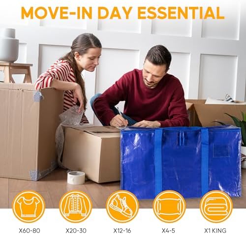 HealSmart 6 Pack Large Moving Bags with Zippers & Handles, Moving Supplies with lids, Heavy Duty Totes for Space Saving, Fold Flat, Moving and Storing, Blue - Image 6