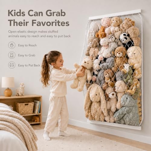 Stuffed Animal Storage Holder, Elastic Stuffed Animal Net,Door/ Wall Mount Length Adjustable Hanging Stuffed Animal Organizer, Plushie Net For Nursery Play Room-White Boards Patent - Image 4