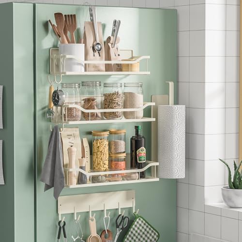 5 Pack Multifunctional Magnetic Shelves for Refrigerator Spice Rack & Washing Machine Organize, Include Paper Towel Holder, Kitchen Utensil Hanger and Hooks, Strong Magnet for Secure Hold (Cream) by Unknown