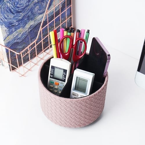 Round Leather Art Supply Organizer,Remote Control Holder,360 Degree Spinning,Multi-Functional Pencil Holder,4 Compartments Desktop Stationary Organizer(1-Weave Purple) - Image 6