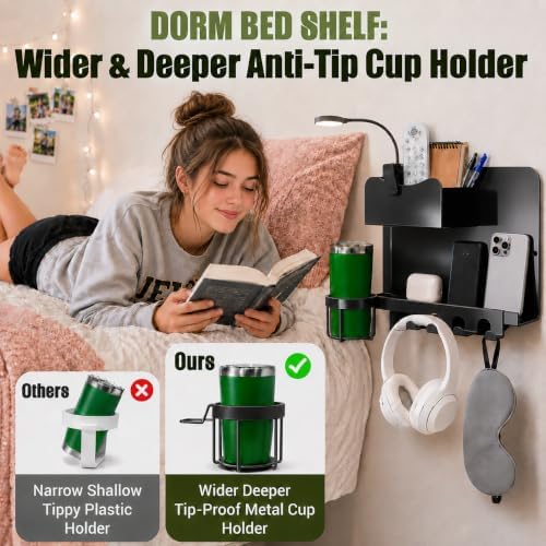 Floating Bedside Wall Shelf, Metal Wall Organizer with Detachable Cup Holde - Image 4