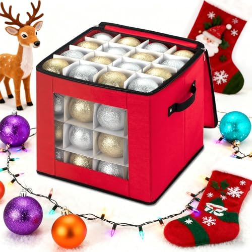 inin Christmas Ornament Storage Box with Adjustable Dividers,Christmas Ornaments Organizer with Zippered Top,Storage Container Bin for Holiday Decorations(64 Ball, Red, Without Tray) by Unknown