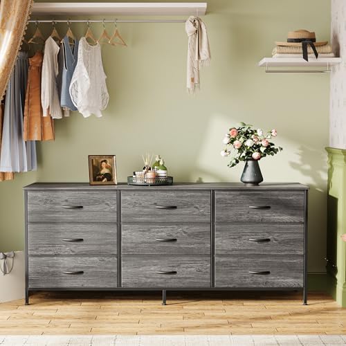Huuger Long Dresser for Bedroom, 55 Inch TV Stand for 55, 60 Inch TV, Entertainment Center with Drawers, Large Storage Fabric 9 Drawer Dresser, Closet, Grey - Image 5