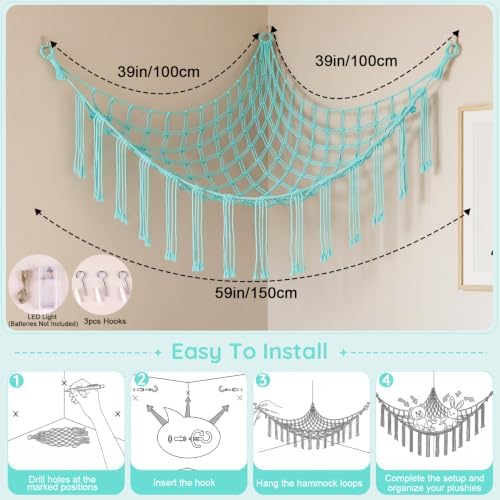 Basumee Stuffed Animals Hammock with LED Light Corner Net, Girls Room Decor - Image 6