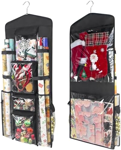 Wrapping Paper Organizer, Double-Sided Hanging, Over Door Gift Wrap Storage with Multiple Pockets, Side Pockets, Elastic Straps, Organize Ribbons, Bows, Tools, Space-Saving Closet,Cabinet Design,Black by Vexalora