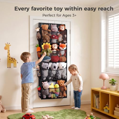 Over Door Stuffed Animal Storage Organizer Large Plush Toy Holder with Mesh Window Black - Image 2