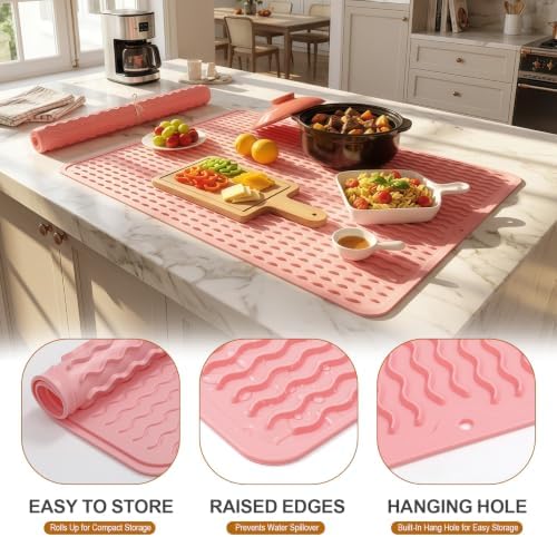 2 Pack Silicone Dish Drying Mat for Kitchen Counter Shower Caddy Rack Waterproof Under Sink Placemats Trivets Coffee Bar Accessories Apartment Items Must Haves Extra Large 24"x18" Pink - Image 2