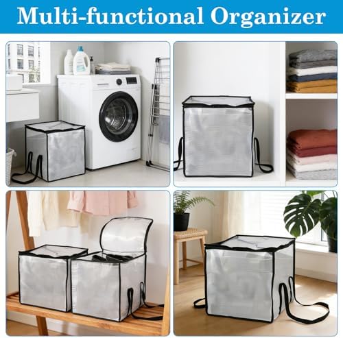 Klmnop 2 Pack Clothes Hanger Organizer Bag with Lid, Large Hanger Storage Bags with Handles and 2-Compartment for Closet Laundry Room Space Saving (14.6x14.6x16.9 in) - Image 6
