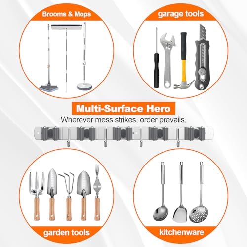 Broom Holder Wall Mount Mop Organizer, 5 Racks 4 Hooks - Image 2