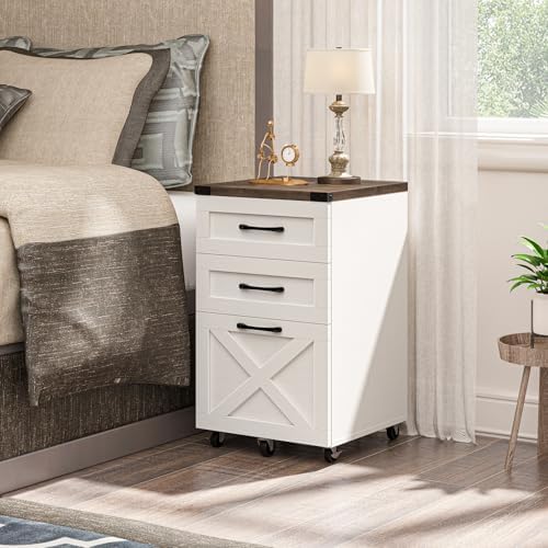 Halitaa Farmhouse 3 Drawer Small File Cabinet with Wheels, Rustic White - Image 4