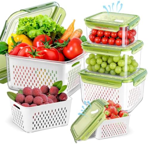 4Pack Fruit Storage Container for Fridge with Colander and Vent - Green by ODOMU