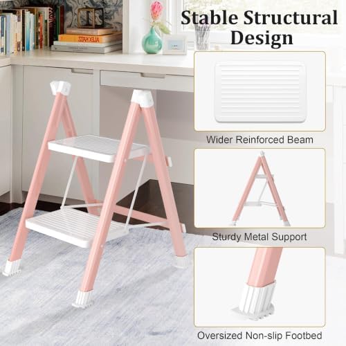 2 Step Ladder, Folding Step Stool with Anti-Slip Wide Pedal, Anti-Slip Feet, Sturdiest Steel Construction, 330lbs Capacity Steel Ladder for Home and Office, Pink White - Image 3