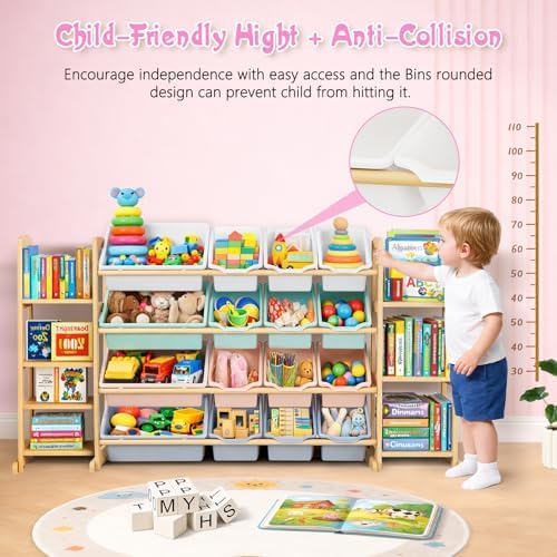 Kids Toy Storage Organizer with Bookshelf – Wooden Shelf with 16 Bins & 6 Shelves, Quick Assembly Storage Rack for Playroom, Bedroom, Nursery – Colorful - Image 4