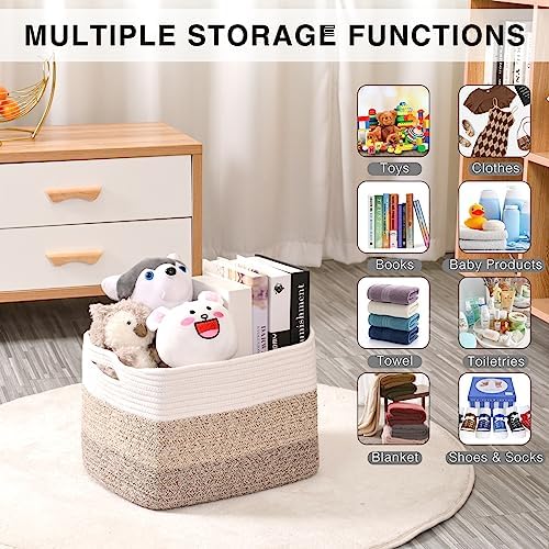 ICERZCZ Storage Baskets for Organizing Shelves, Woven Cotton Rope Bins for Baby Nursery Organization, Book Toy Towel Organizer, 15"x11"x9.5", 3 Packs, Gradient Brown - Image 4