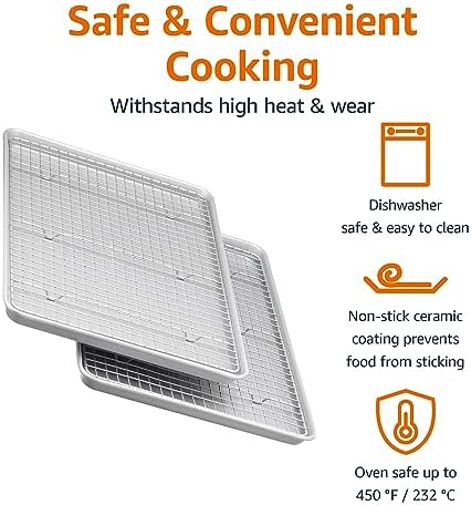 Amazon Basics Ceramic Nonstick Baking Sheets & Cooling Rack Set, Dishwasher Safe, Oven Safe, Half Sheet Size, Gray, 2-Pack - Image 2