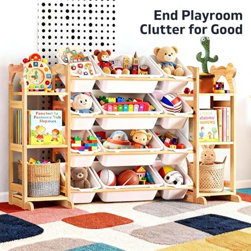 Toy Storage Organizer with 6 Shelves and 12 Bins, Toy Organizers and Storage Shelf with Bookshelf and Bookcase, Toys Box for Kids Room & Playroom & Bedroom & Nursery - Image 5