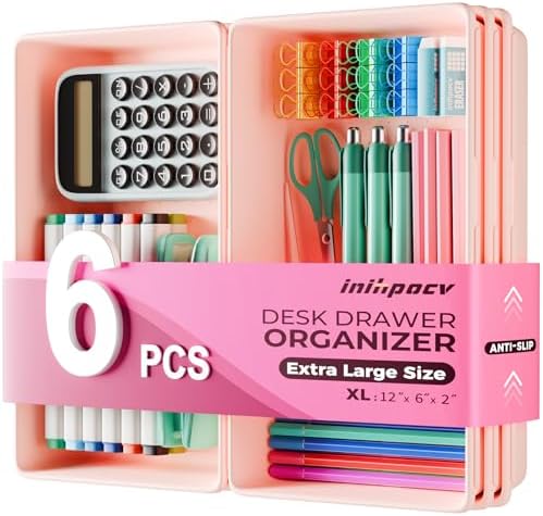 [6 PCS Extra-Large] Pink Drawer Organizer Trays with Non-Slip Pads, Interlocking Storage Bins for Vanity, Desk, Bathroom, Kitchen, Home Office and Utility Drawers by Unknown