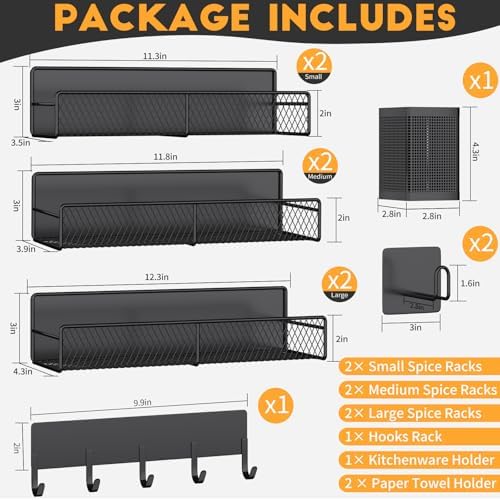 Magnetic Spice Rack for Refrigerator, 10 Pack 100% Metal Strong Magnet Shelf, Moveable Spice Organizer W/ Adjustable Paper Towel Holder, Hook Rack & Utensil Caddy, Home Kitchen Laundry Storage, Black - Image 2