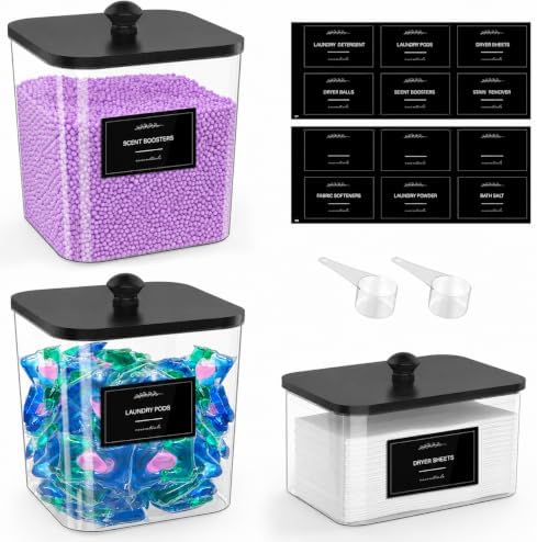 COAZEX 2+1 Pack Clear Laundry Pods Container & Dryer Sheet Holder Black Lid by COAZEX
