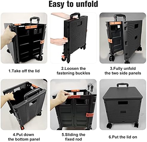 Foldable Utility Cart,Rolling Crate Heavy Duty Shopping Cart with 360° Silent Wheel with Brake System,55L Capacity,Transport Weight up to 177 Pounds,Travel Shopping Moving Luggage Office Use - Image 6