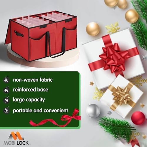 Christmas Ornament Storage Box with Dividers & Pockets - Holiday Ornament Organizer Bag - Holds 128 Balls - Durable Red Fabric Container with Handles - Foldable Xmas Decorations Storage - by Mobi Lock - Image 2