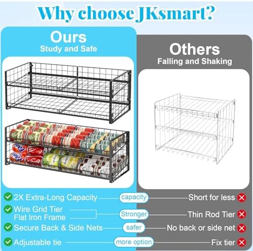 2-Tier Stackable Can Rack Organizer for Pantry Shelf, Long-Size Adjustable Can Holder for Kitchen Organization,Heavy Duty Can Dispenser for Canned Food Soup Goods up to 50 in Cabinet storage, Black - Image 4