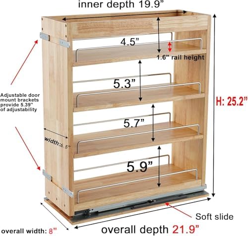 DINDON Pull Out Spice Rack Organizer for Cabinet, (6.5" W x 21.9" D x 25.2" H) Multi-Use Wood Pull Out Cabinet Organizer Slide Out Shelf Cabinet Storage for Kitchen, Pantry Organization - Image 3